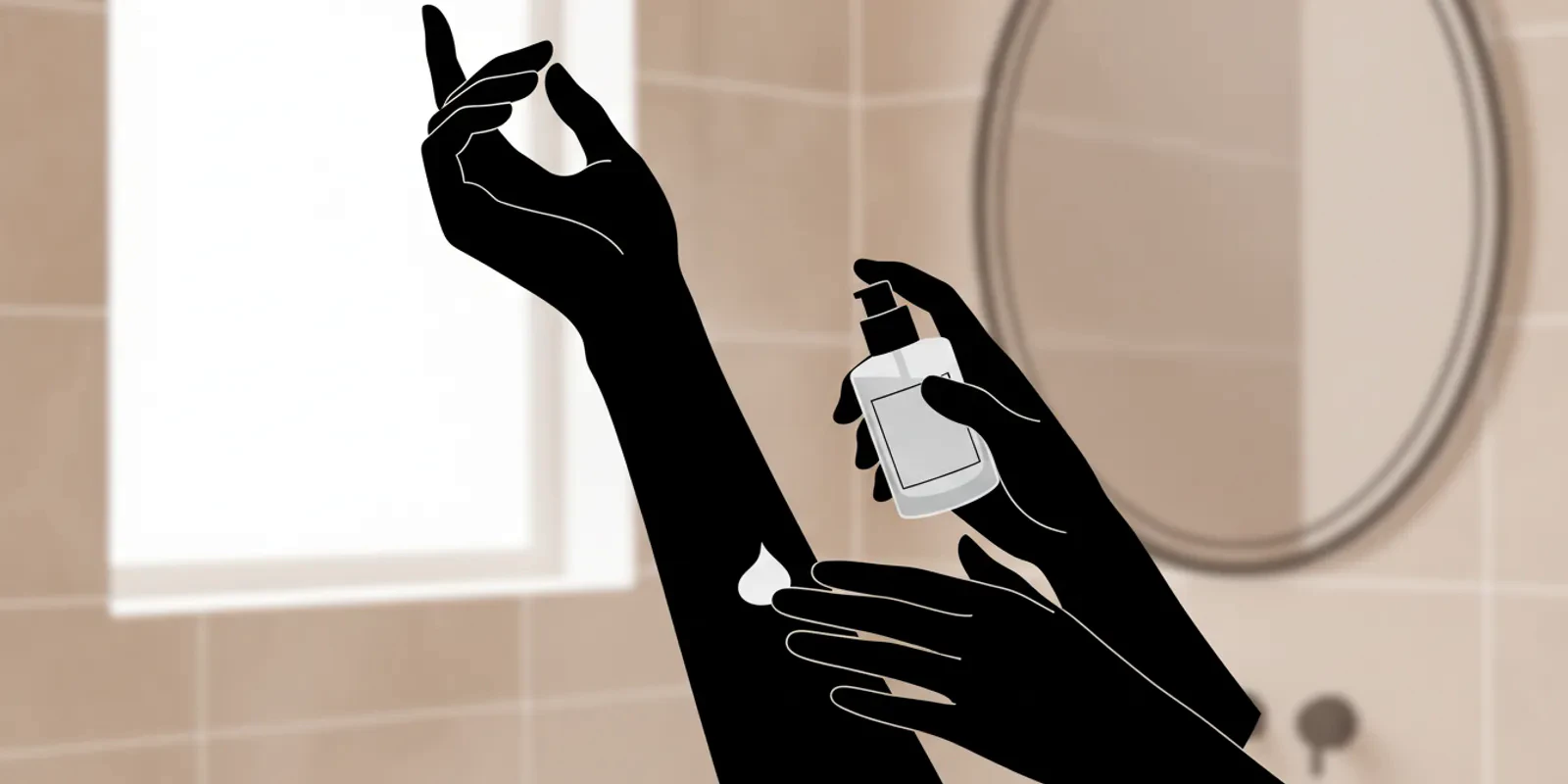 Premium lotion being applied to a hand beside a simple skincare routine